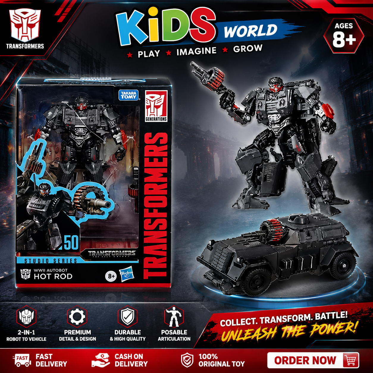 2532fbef-4e28-4c3b-a880-e099bba30e09 Transformers Toys Studio Series 50 Deluxe The Last Knight Movie WWII Autobot Hot Rod Action Figure - Image 1