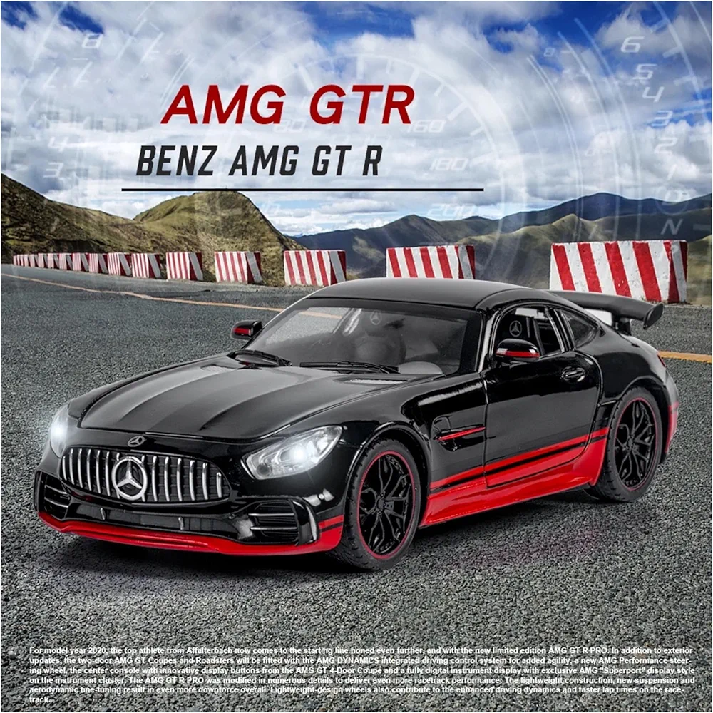 91jEuaY8dHL._AC_UF1000,1000_QL80_FMwebp_ 1:24 Mercedes Benz AMG GTR Die-Cast Toy Car, Alloy Metal Pull Back Sports Car with Light, Sound & Openable Doors, Luxury Model Gift for Kids & Collectors - Black - Image 1