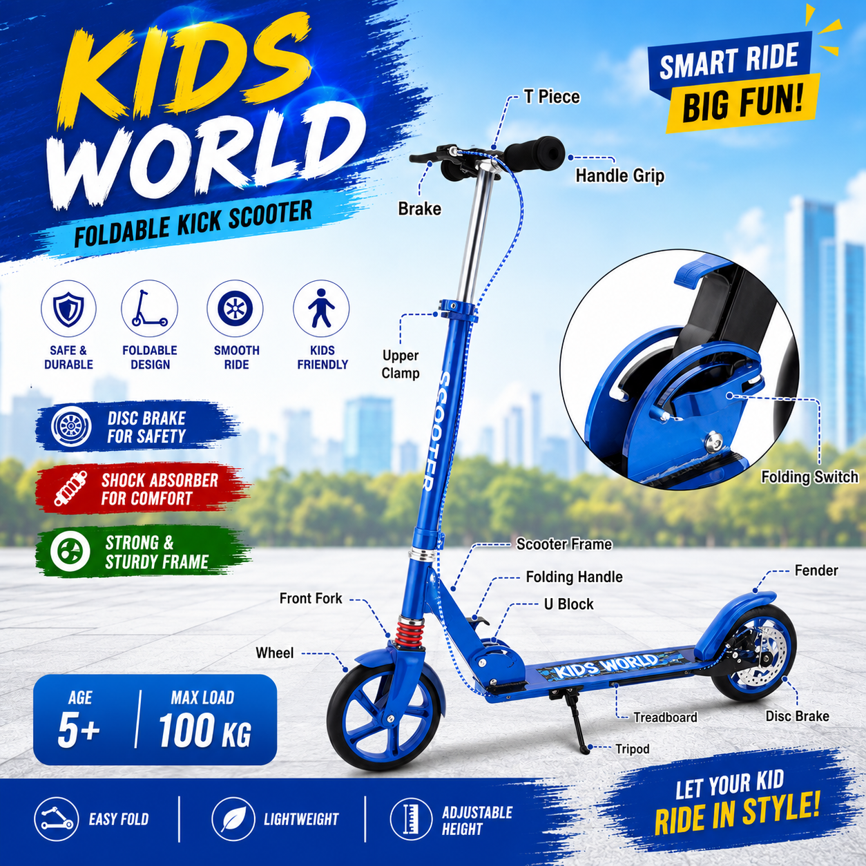 43b40dc1-2d59-4197-8e7f-eb1e11cf98cb Hapsters Urban Scooter – Height Adjustable Foldable Kick Scooter Blue - Image 1