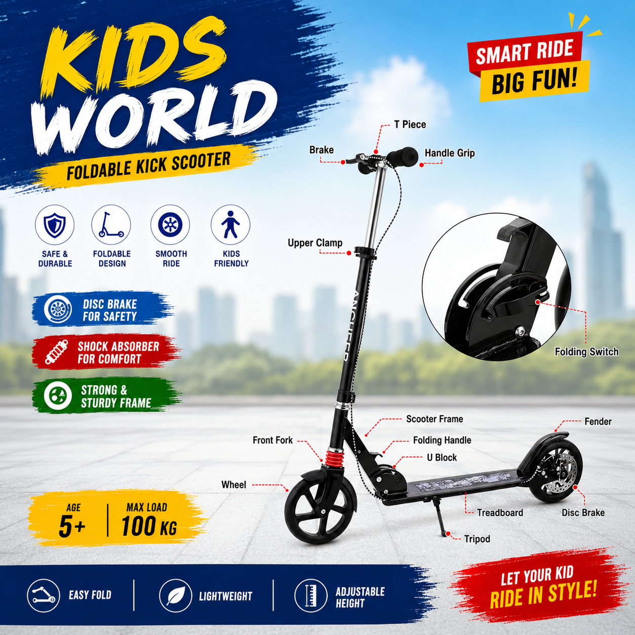 f7d912a6-0003-42a0-b953-426d0fbe00e8 Hapsters Urban Scooter – Height Adjustable Foldable Kick Scooter Black - Image 1